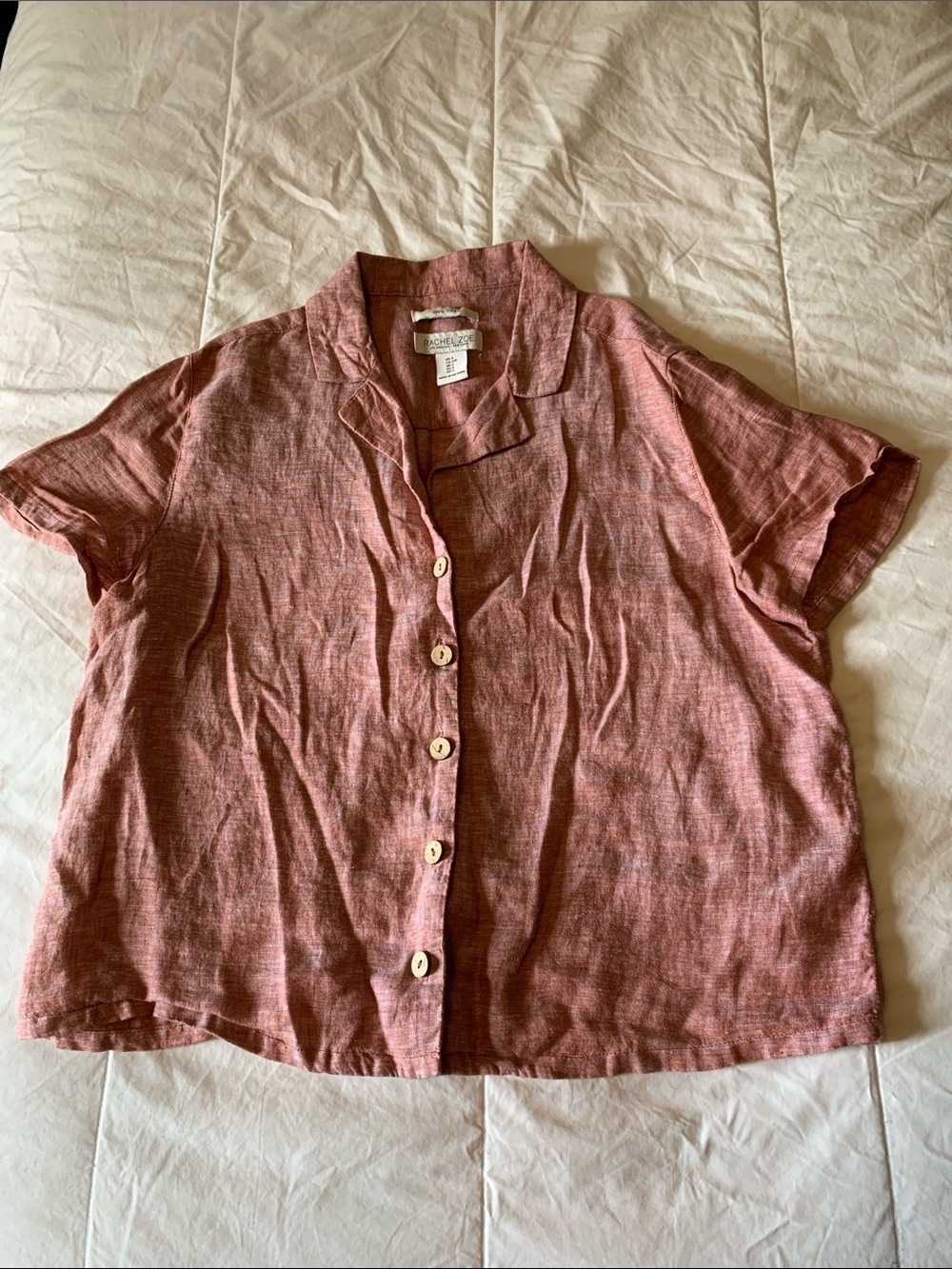 Rachel Zoe Short-Sleeve Button-Front Linen Top — Rosewood Pink
